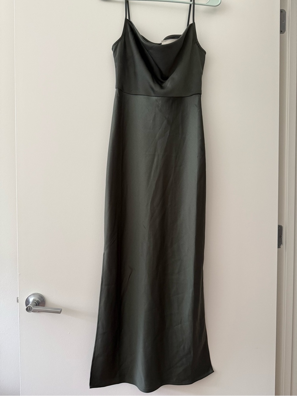 BHLDN Green Satin Cowl-Neck Maxi Dress With Slits On Both Sides